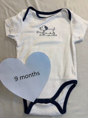 Little Me - Short sleeve White and Navy Bodysuit onesie/top with dog design